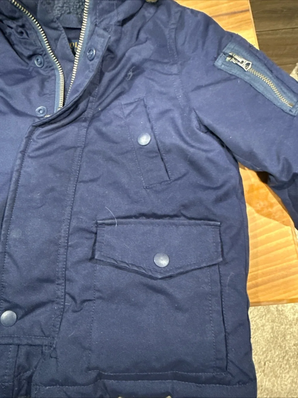 Kids Ralph Lauren Navy Hooded Puffer Coat with Faux Fur Trim